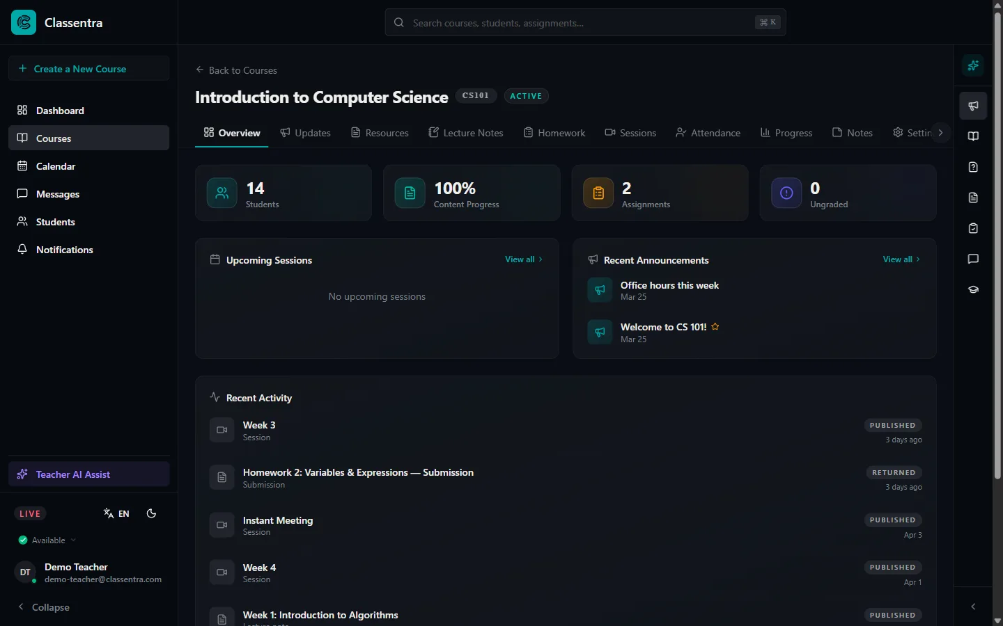 Espacio de tutor en Classentra mostrando el historial de sesiones de un estudiante, sus notas de progreso y la próxima sesión programada