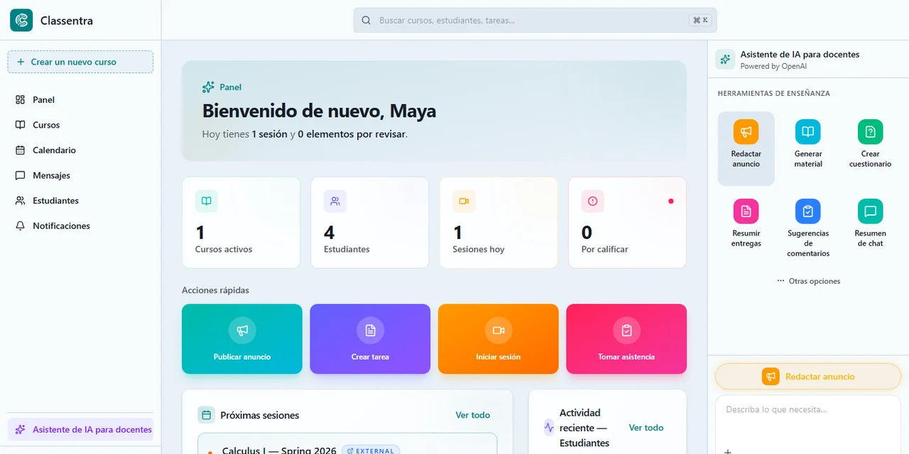 Espacio de trabajo de Classentra con panel de repertorio