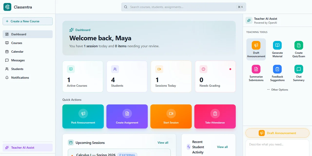 Classentra course workspace with repertoire panel