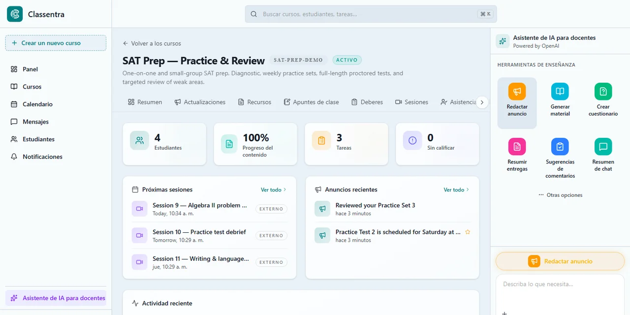 Course workspace on Classentra