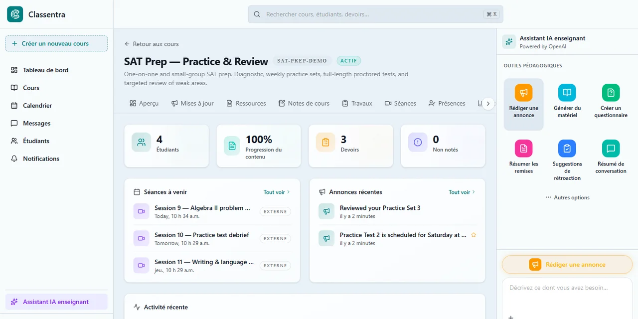 Course workspace on Classentra