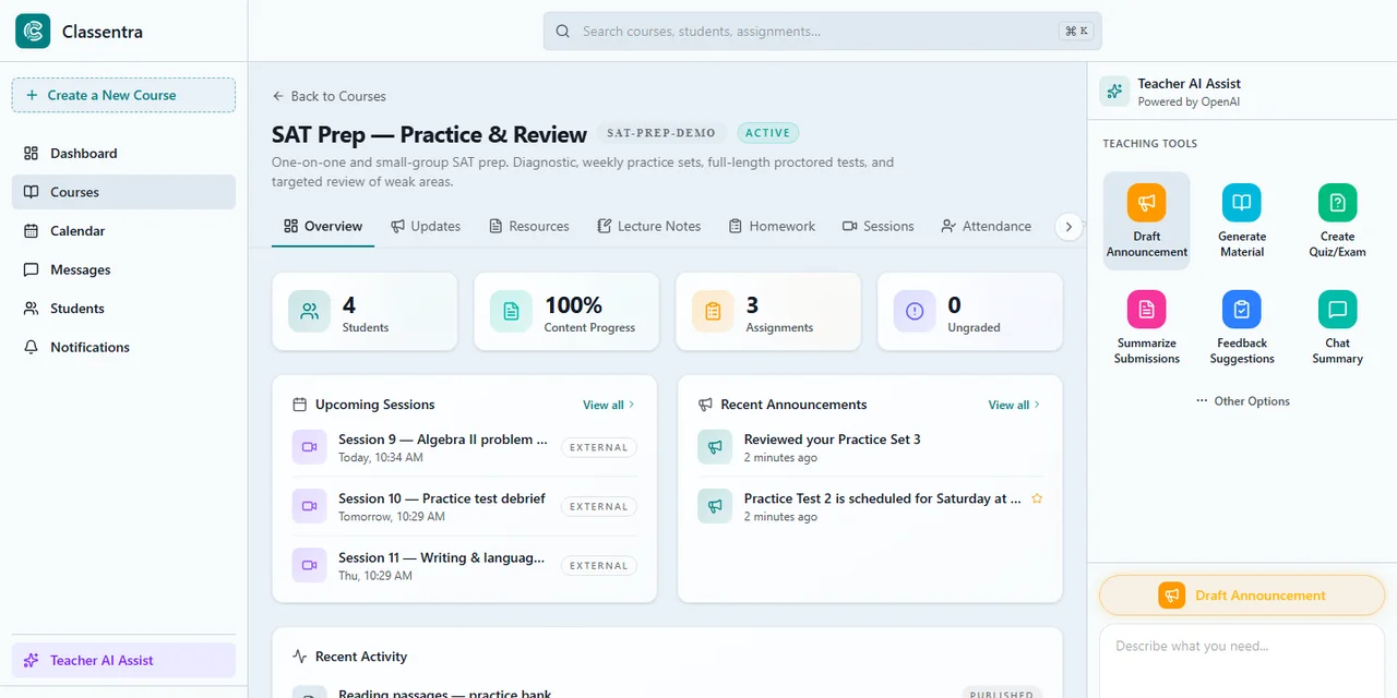 Tutor course workspace with updates, resources, homework, sessions, attendance, and progress tabs