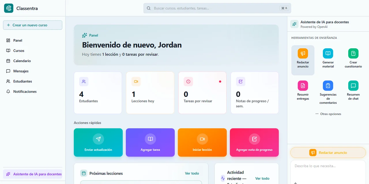 Online tutoring workspace on Classentra