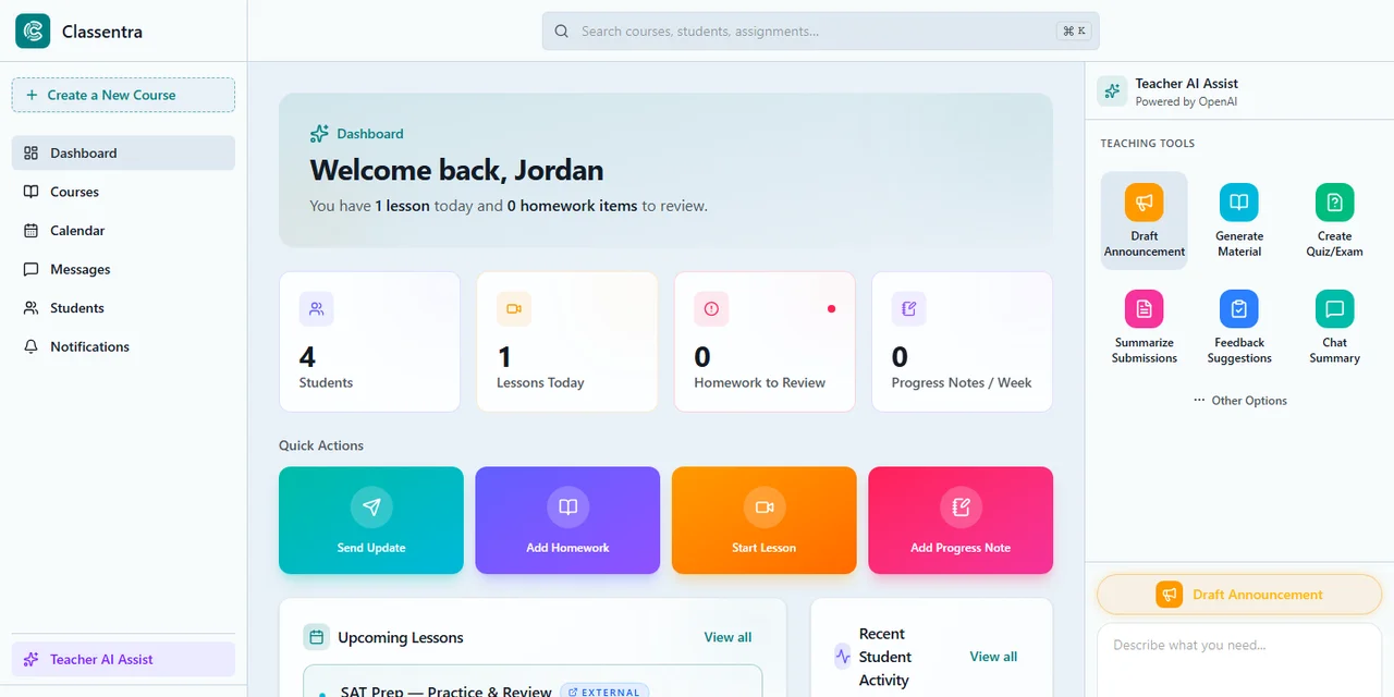 Classentra workspace showing a tutoring-center roster, per-student progress, and parent report